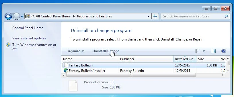 Remove Fantasy Bulletin from Windows