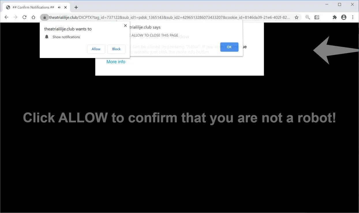 Remove Theatrialilije.club pop-up ads (Virus Removal Guide) 1 Image: Chrome browser is redirected to Theatrialilije.club