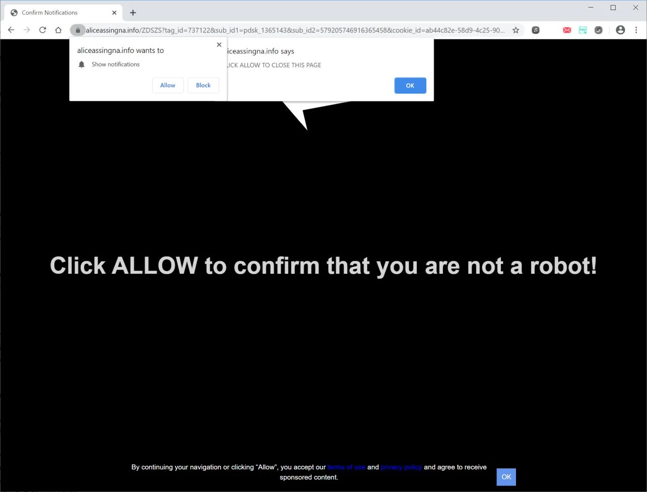 How to remove Aliceassingna.info pop-up ads (Virus Removal Guide) 1 Image: Chrome browser is redirected to Aliceassingna.info