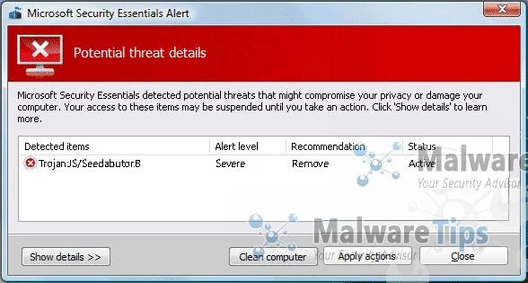 Trojan:JS/Seedabutor.B detected by MSE