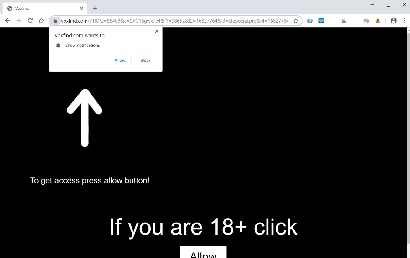 Image: Chrome browser is redirected to Voxfind.com