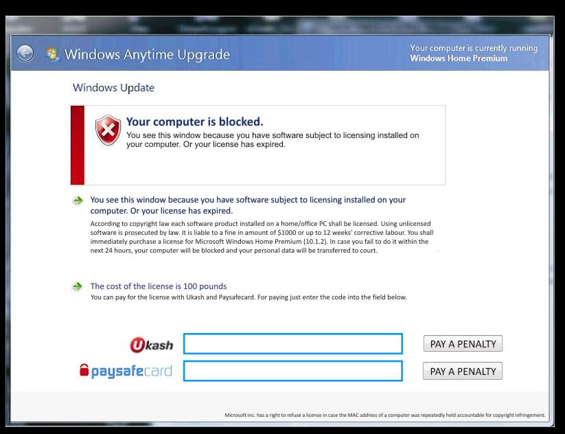 Windows Anytime Upgrade virus Windows Anytime Upgrade Ukash virus