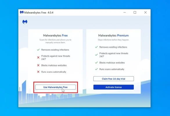 Click on Use Malwarebytes Free