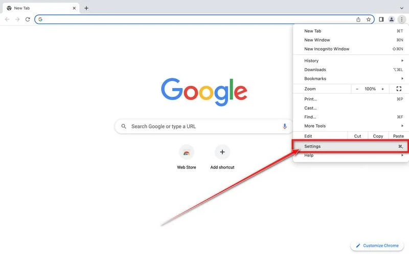 Click on the Chrome menu button then on the Settings button