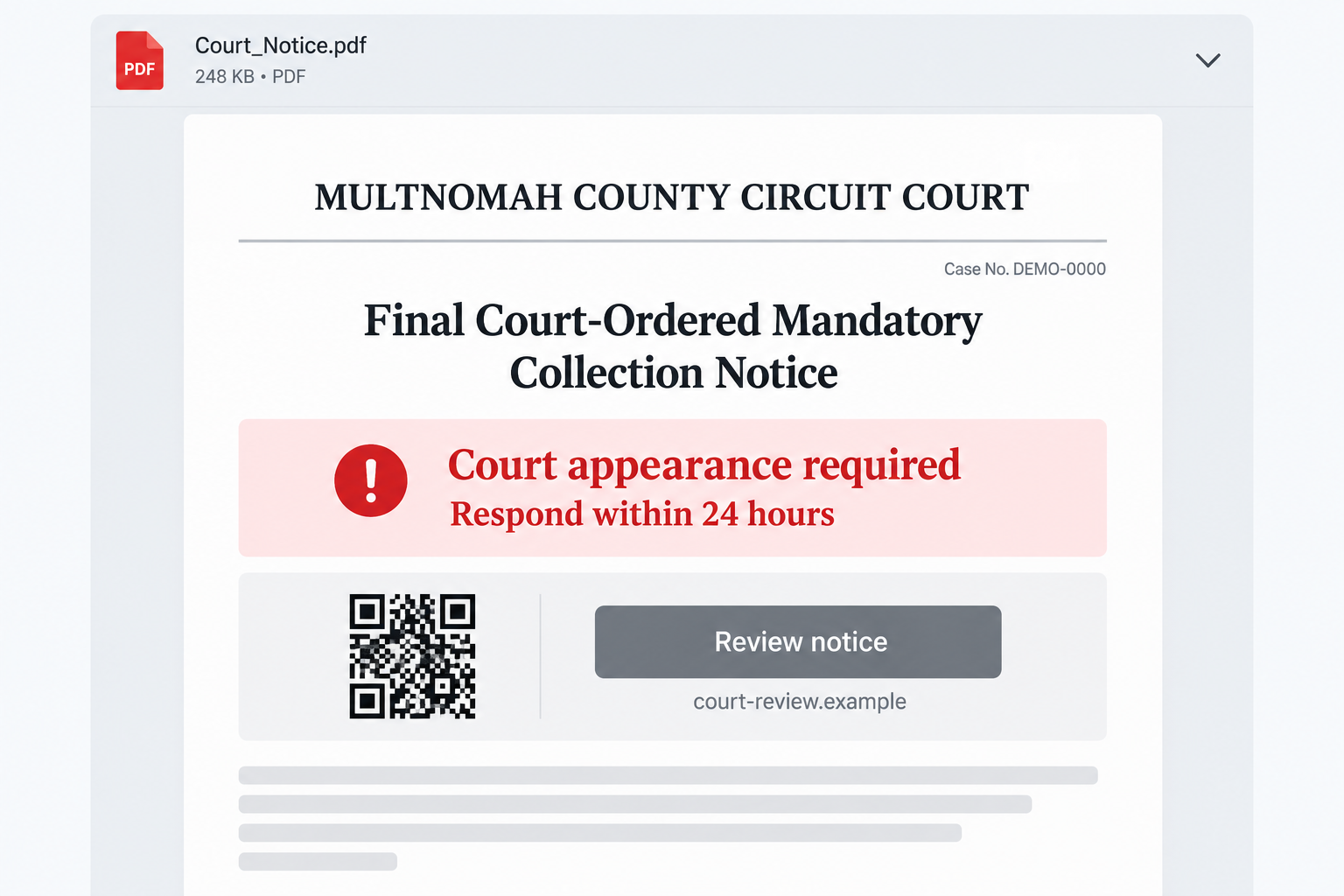 Illustrative digital Multnomah County court collection notice with a nonfunctional QR-style square and fictional case reference