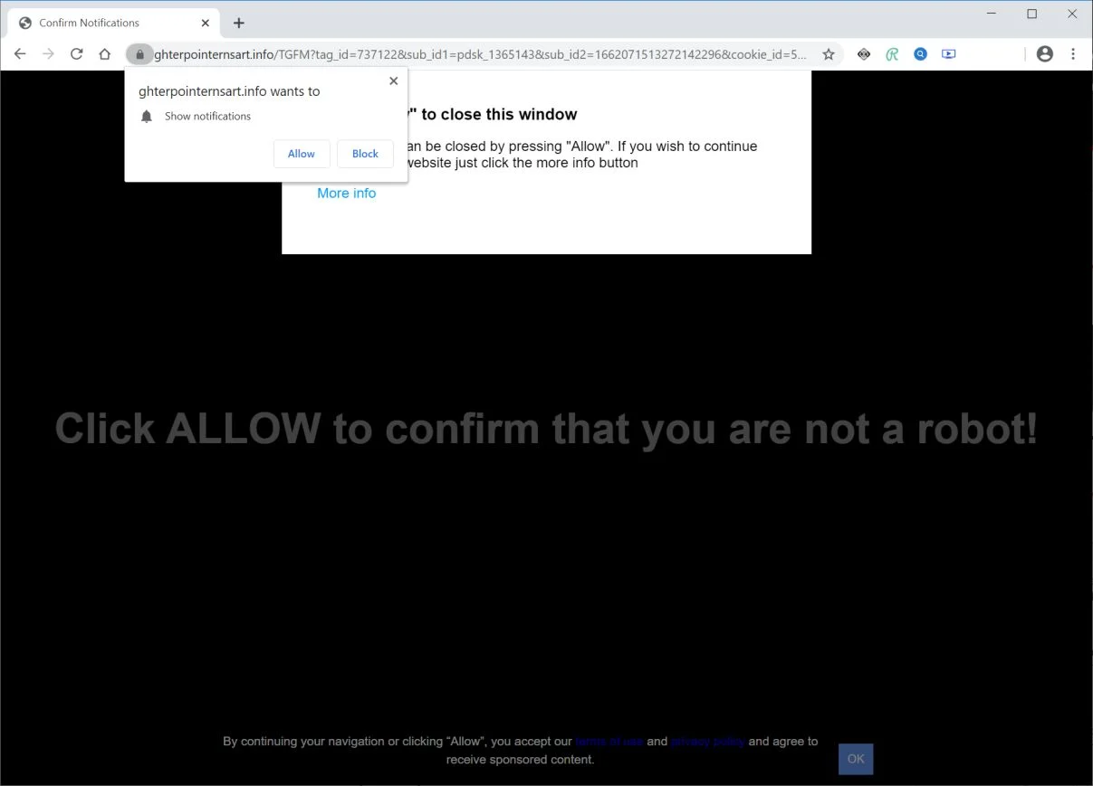 How to remove Ghterpointernsart.info pop-up ads (Virus Removal Guide) 1 Image: Chrome browser is redirected to Ghterpointernsart.info