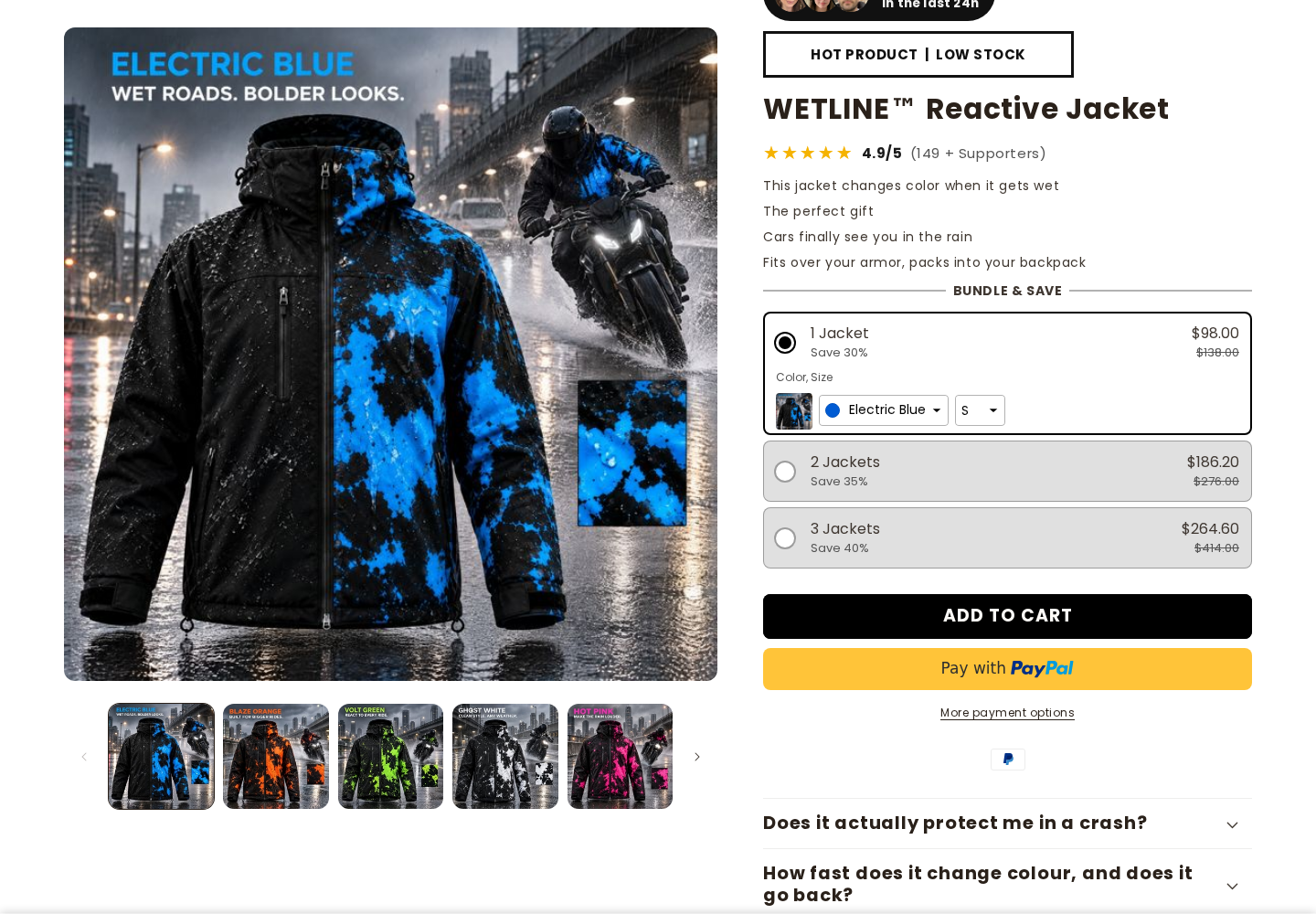 Wandora Wetline reactive jacket page showing Electric Blue, a $98 single jacket price, and bundle options