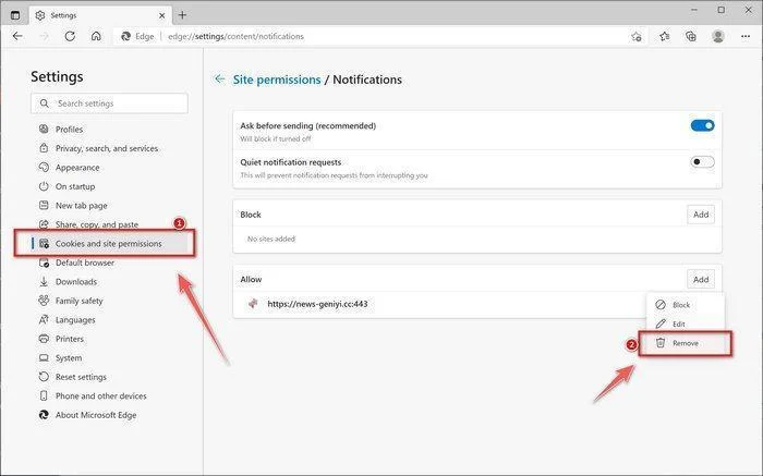 Microsoft Edge reset site permissions