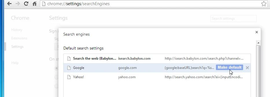 [Image: Set Chrome search engine from Search the web (Babylon)  to Google]