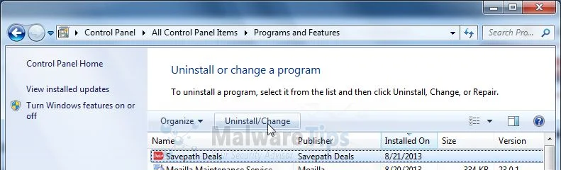 [Image: Uninstall Savepath Deals program from Windows]