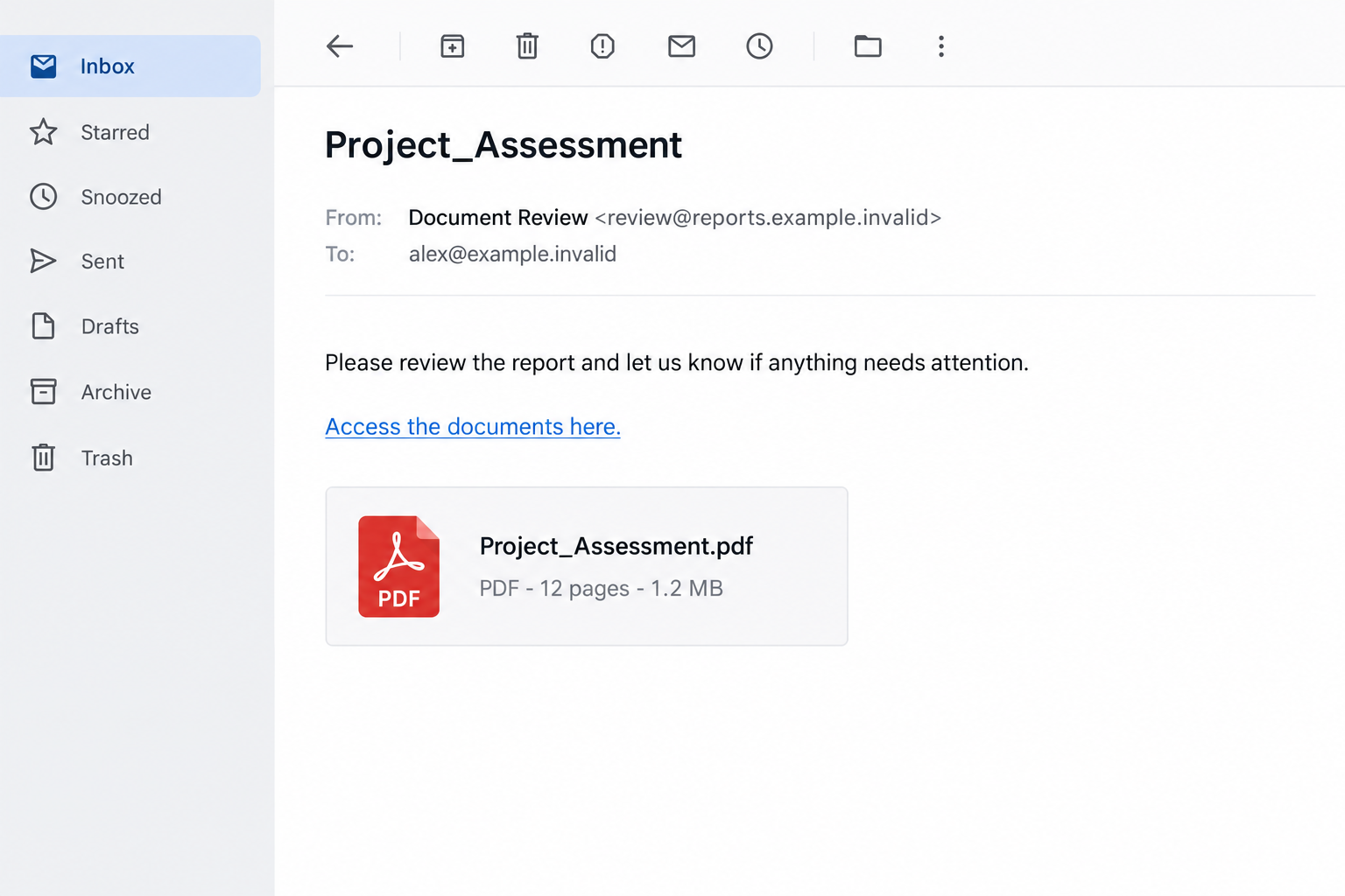 Illustrative assessment review email with a fake PDF preview tile showing 12 pages and a 1.2 MB size