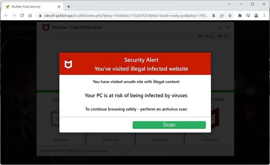 Remove "You've visited illegal infected website" Fake Alerts 1 Image: McAfee You've Visited Illegal Infected Website Scam