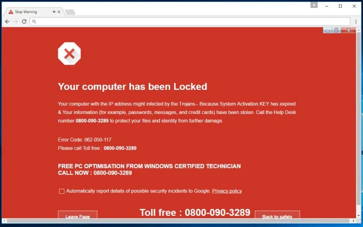 Error Code 062-050-117 virus