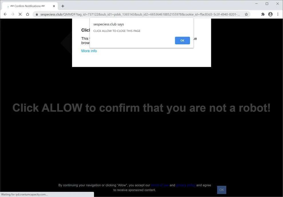 Remove Sespeciess.club pop-up ads (Virus Removal Guide) 1 Image: Chrome browser is redirected to Sespeciess.club