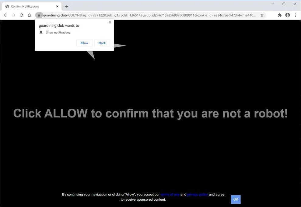  Image: Chrome browser is redirected to Guardining.club