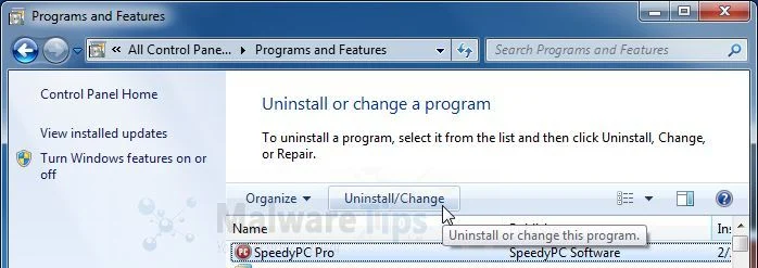[Image: Uninstall Speedy PC Pro program from Windows]