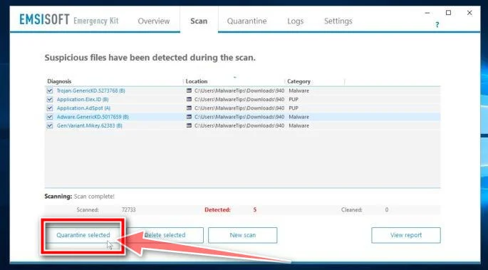 Click on Quarantine Selected to remove the Trojan:Win32/Mamson.A virus