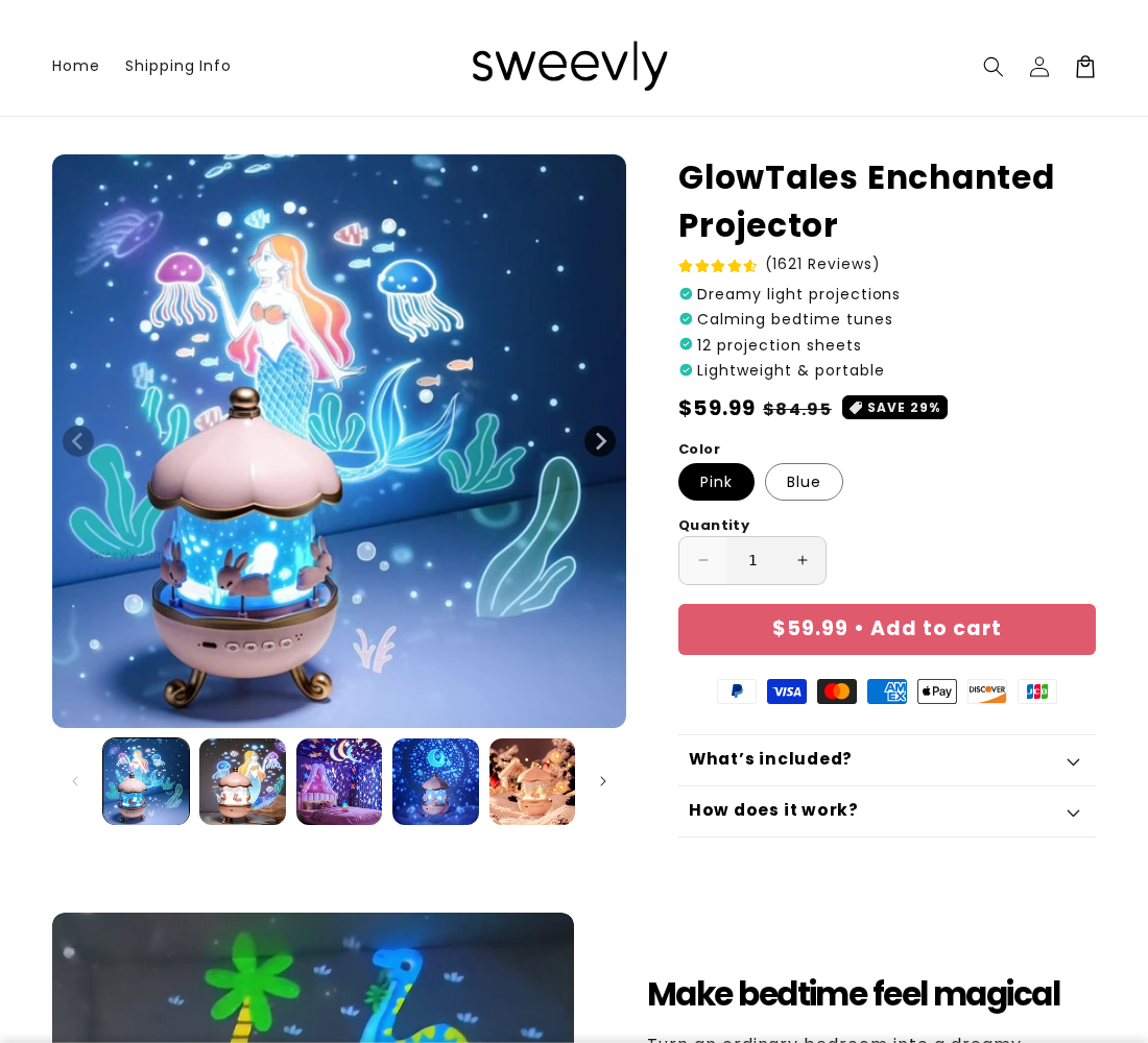 Sweevly GlowTales Enchanted Projector listing with a room-effect image and the $59.99 offer