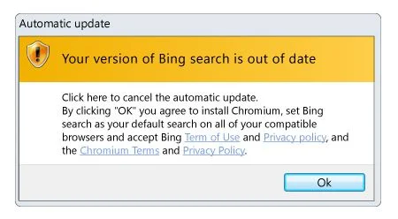 Remove "Your version of Bing search is out of date" Pop-up (Scam) 1 Your version of Bing search is out of date Scam