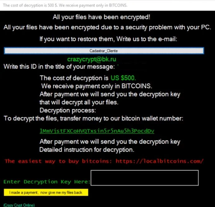 Remove Crazycrypt@bk.ru Crazy ransomware (Virus Removal Guide) 1 Image: Crazycrypt@bk.ru Crazy Ransomware