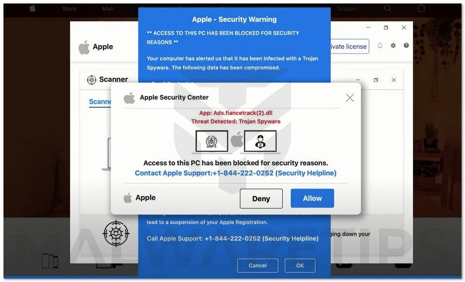 The "Apple Security Warning App: Ads.fiancetrack2 .dll" Scam 1 Image: Apple Security Warning App: Ads.fiancetrack2 .dll Scam