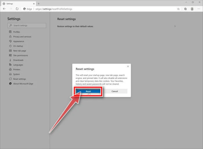 Click Reset to reset your browser