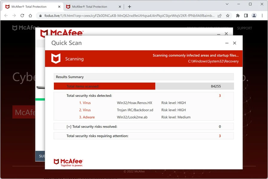 Image: Fodus.live Fake McAfee Virus Alert