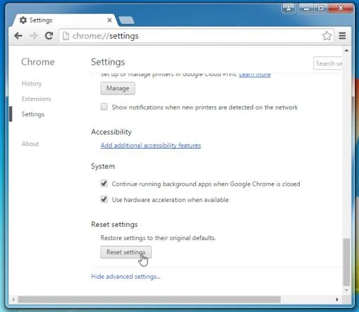 Reset button in Google Chrome
