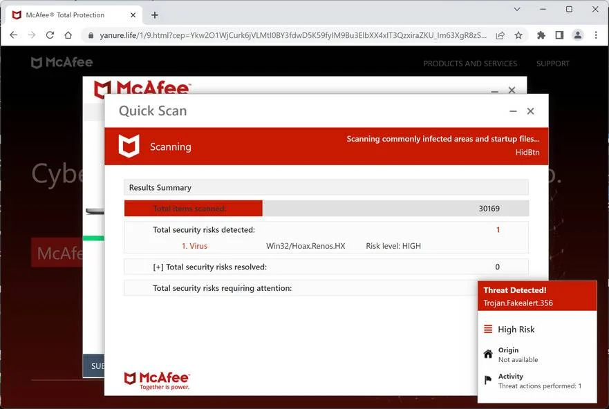 Image: Yanure.life Fake McAfee Virus Alert