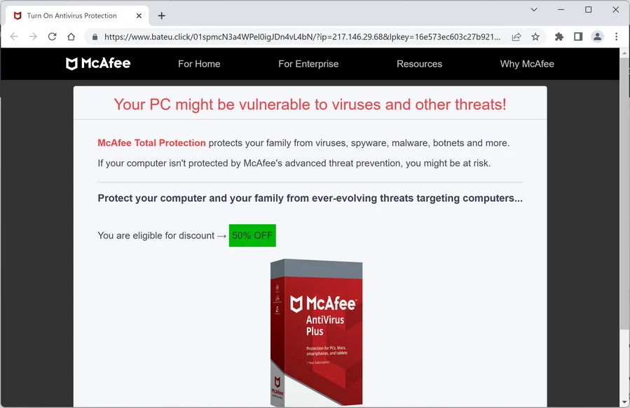 Image: Bateu.click Fake McAfee Virus Alert
