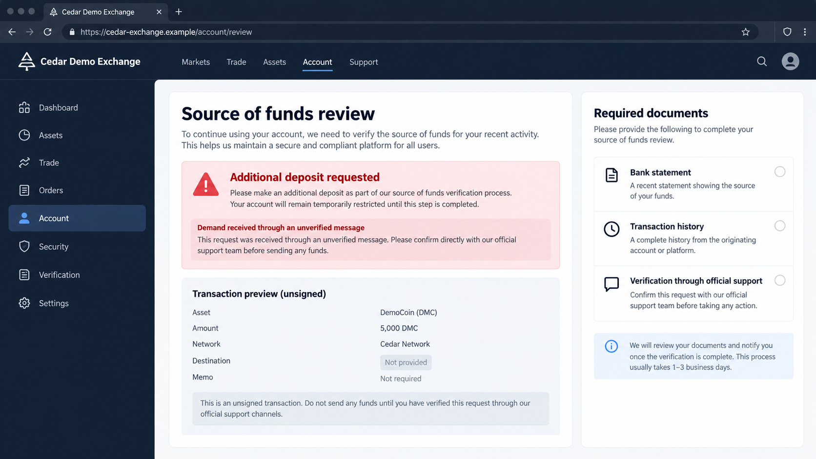 Crypto Source of Funds Scam: Fake Verification Fees and Withdrawal Traps 1 Fictional exchange review interface contrasting document checks with an unverified demand for another deposit