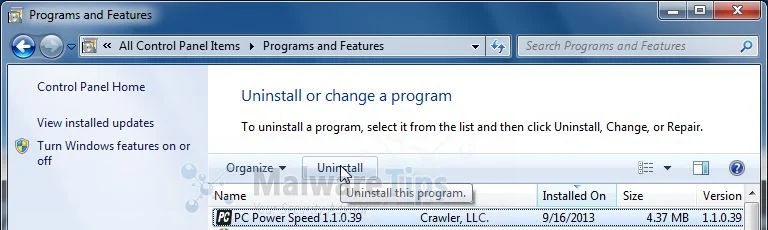 [Image: Uninstall PC Power Speed program from Windows]