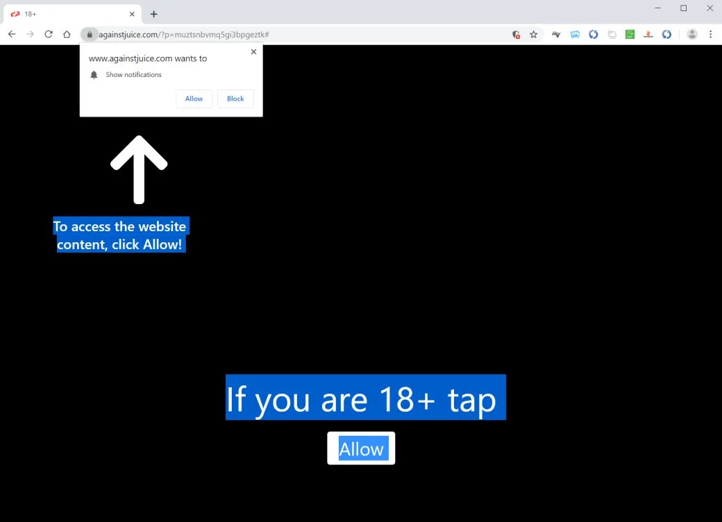 How to remove Againstjuice.com pop-up ads (Virus Removal Guide) 1 Image: Chrome browser is redirected to Againstjuice.com