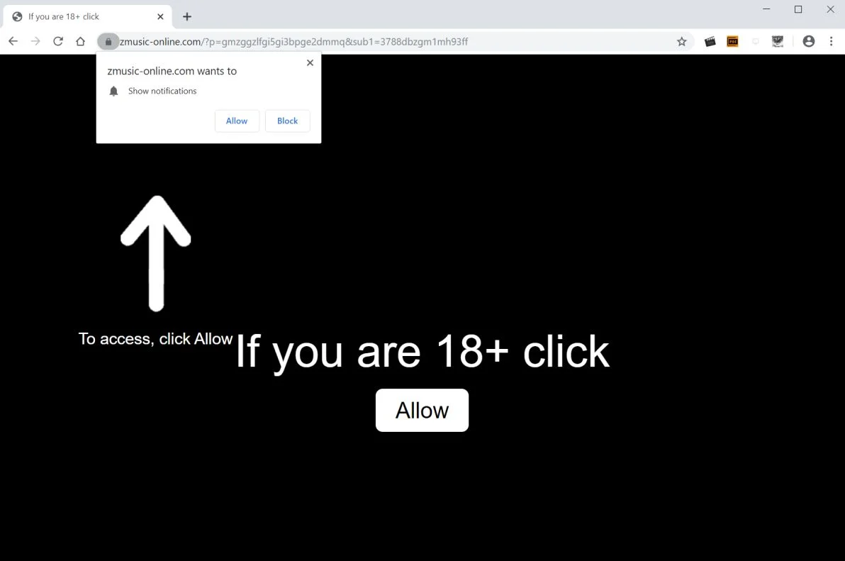Image: Chrome browser is redirected to Zmusic-online.com