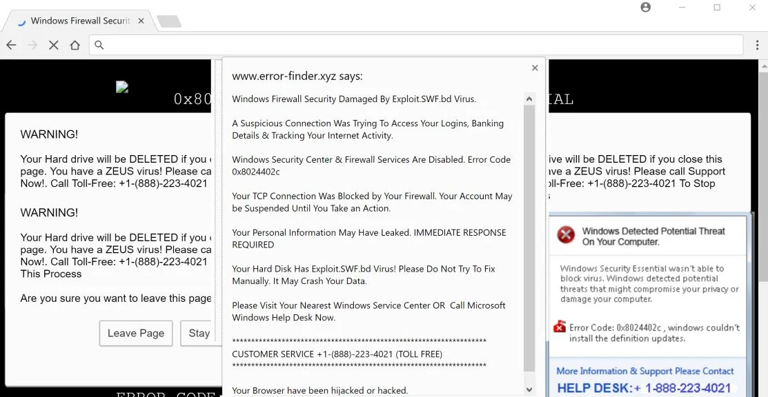Windows Firewall Security Damaged By Exploit.SWF.bd Virus Scam