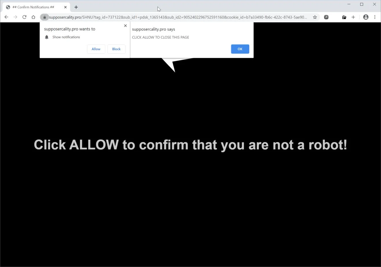 Image: Chrome browser is redirected to Supposercality.pro