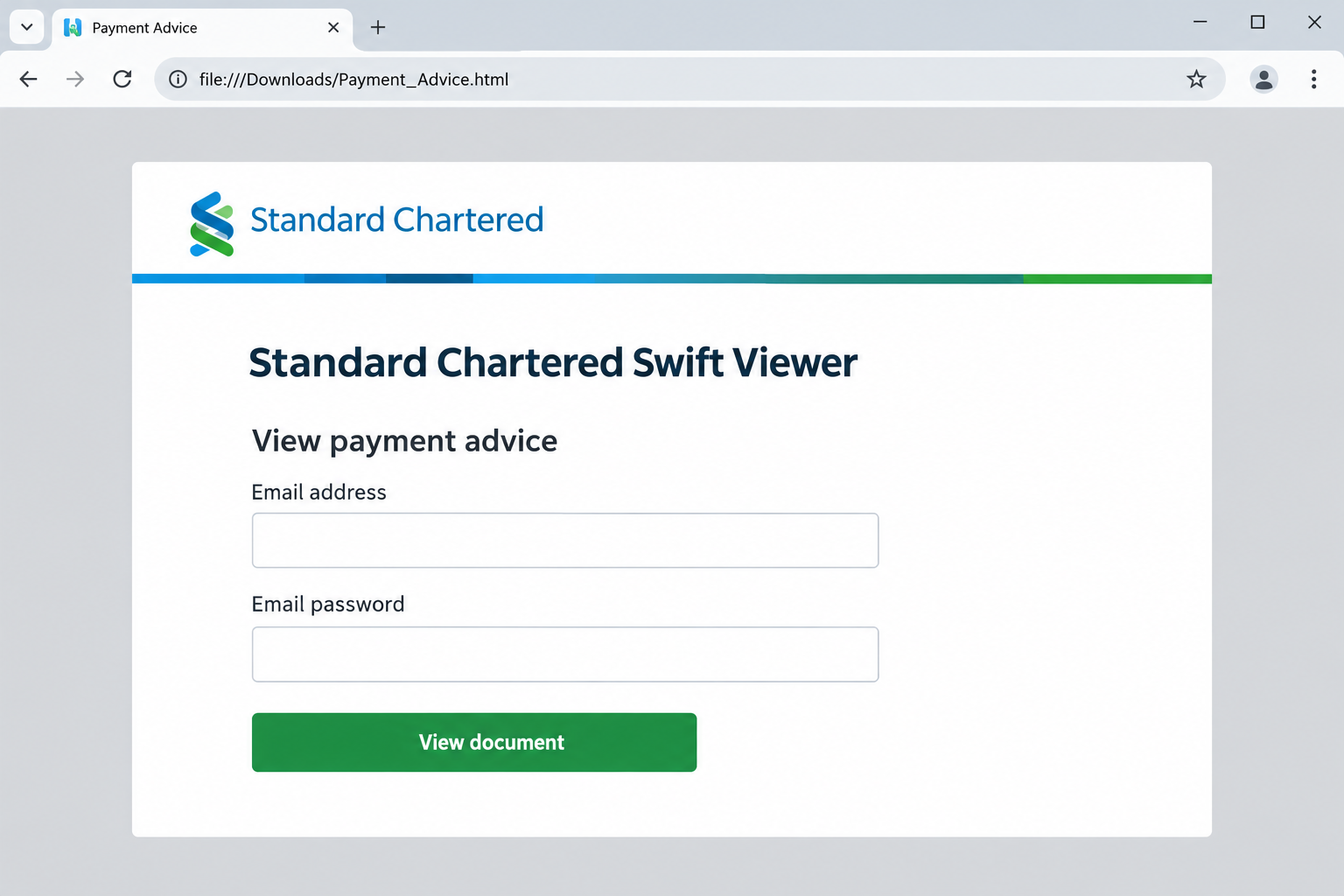 Illustrative local HTML payment viewer asking for an email address and email password