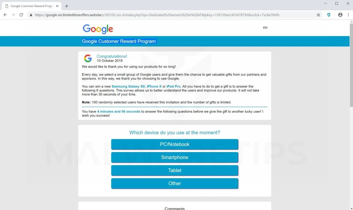 Google Chrome User Rewards Pop-up Scam