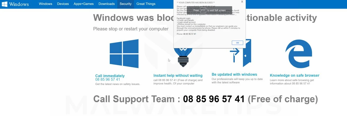 Windows was blocked due to questionable activity Pop-up Scam