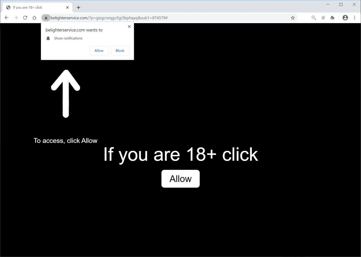 Image: Chrome browser is redirected to Belighterservice.com
