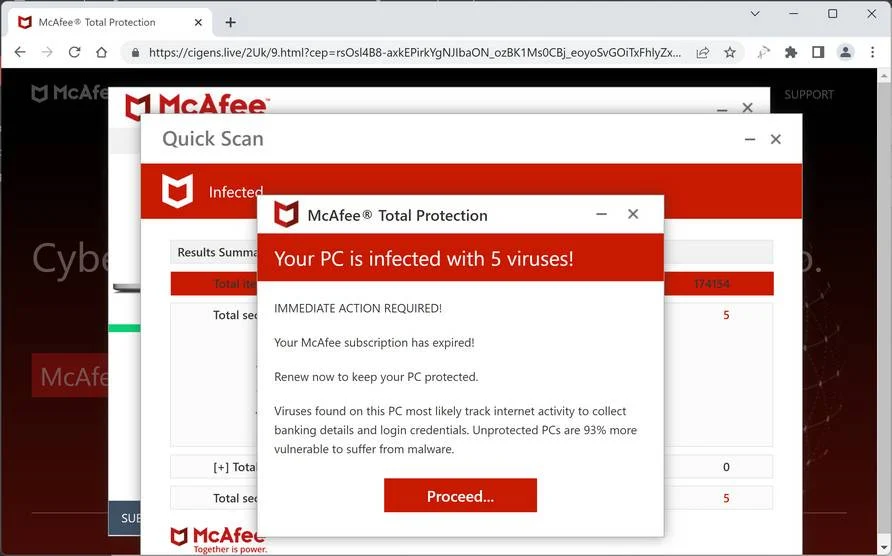 Screenshot of Cigens.live Fake Antivirus Scan