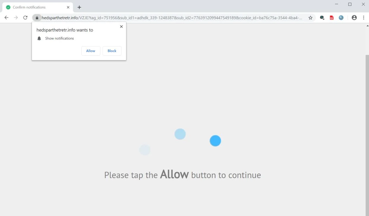 Image: Chrome browser is redirected to the Hedsparthetretr.info site
