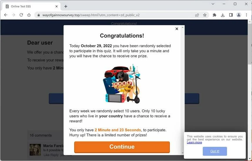 Remove Wayofgainnowsurvey.top Ads (Virus Removal Guide) 1 Image: Chrome browser is redirected to Wayofgainnowsurvey.top