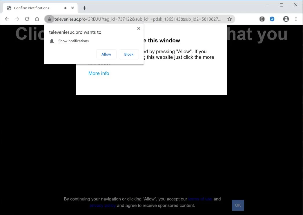Image: Chrome browser is redirected to Televeniesuc.pro