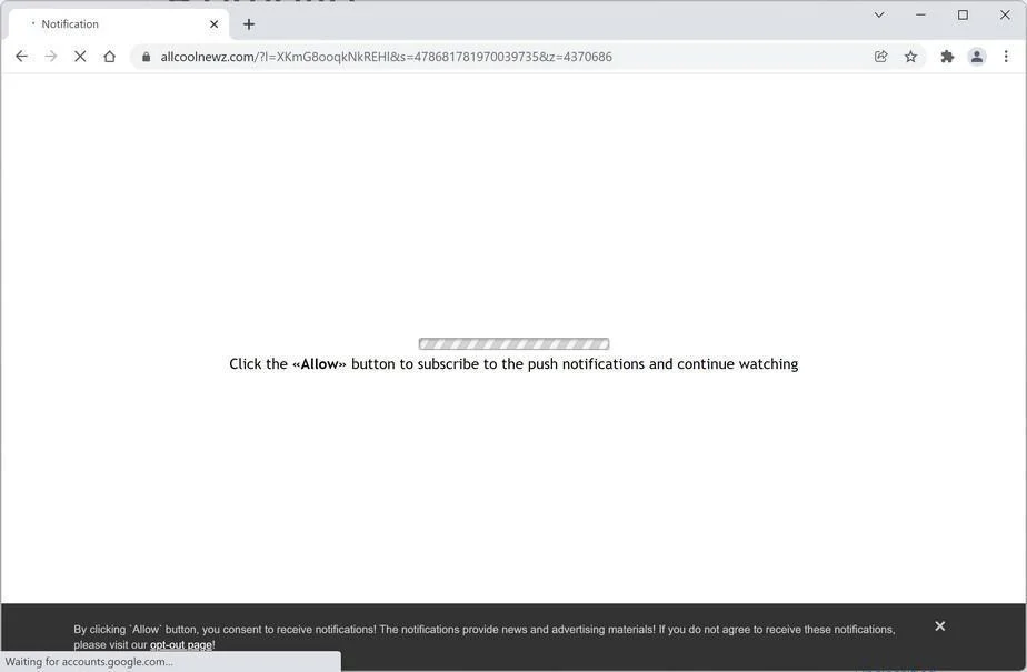 Image: Chrome browser is redirected to Allcoolnewz.com