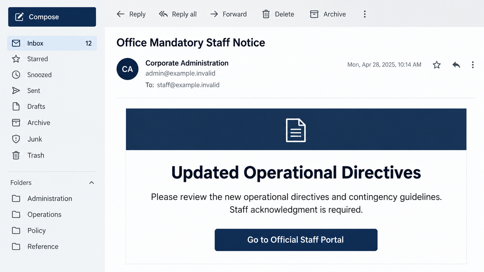 Illustrative internal memo requesting acknowledgment of operational directives through a staff portal button