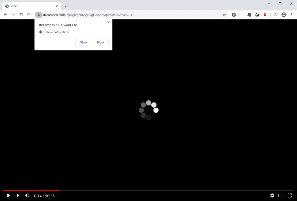 Image: Chrome browser is redirected to Streampro.club