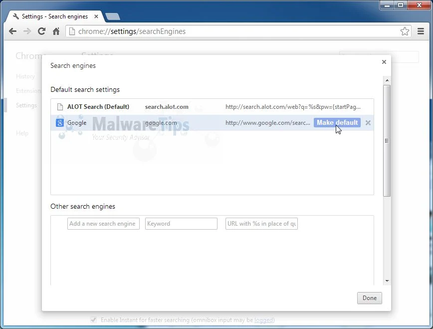 [Image: Set default search engine from Alot Search to Google]