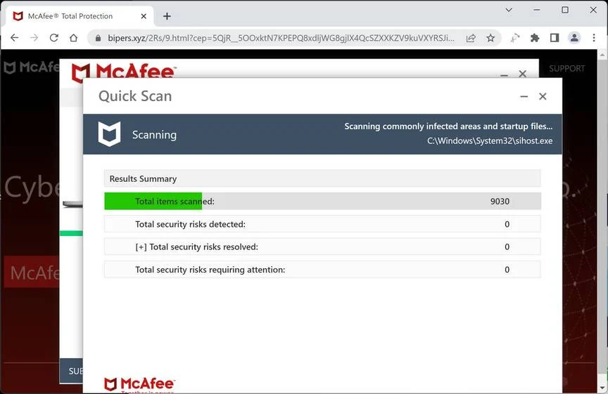 Screenshot of Bipers.xyz Fake Antivirus Scan