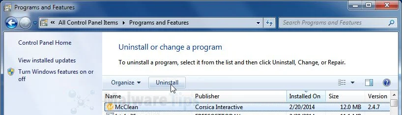[Image: Uninstall McClean program from Windows]